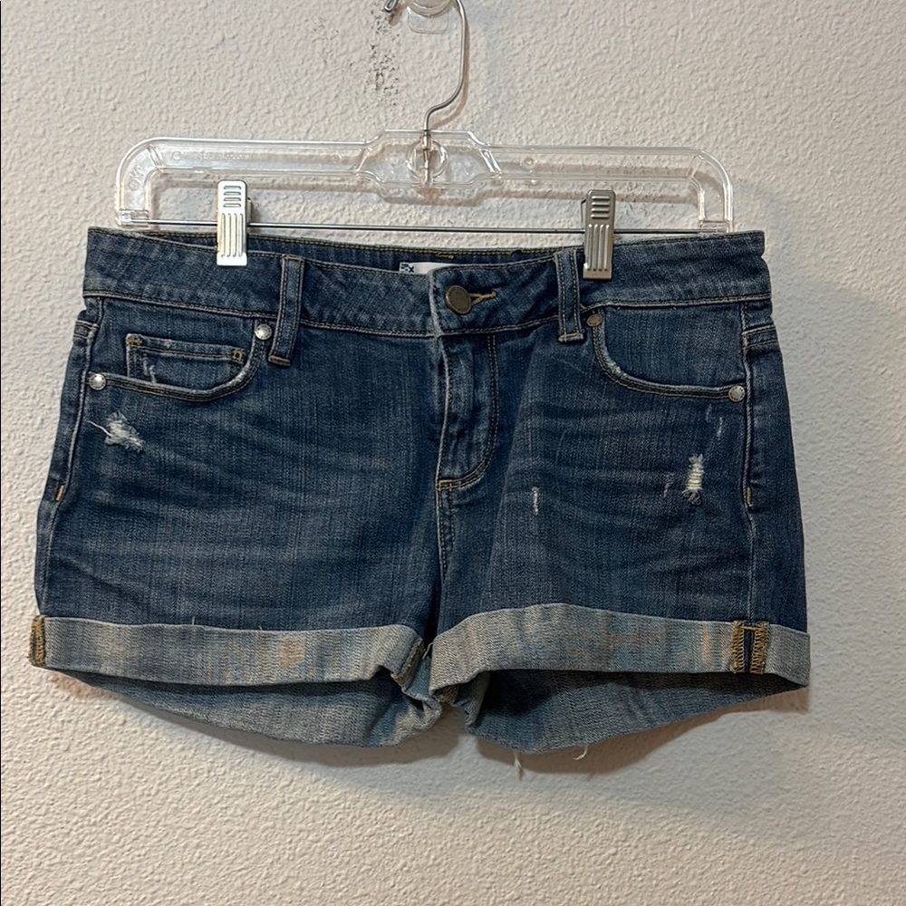 PAIGE Blue Jean Shorts with Cuffed Hem and Distressed Look